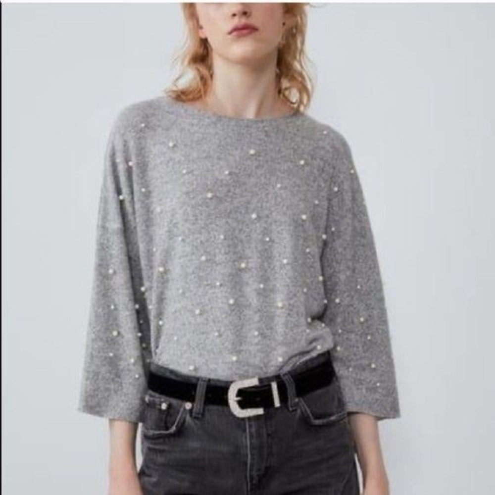ZARA Pearl-Studded 3/4 Sleeve Sweater